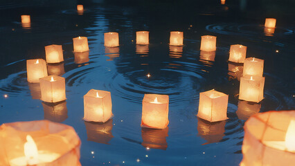 floating paper lanterns forming circle on calm midnight water