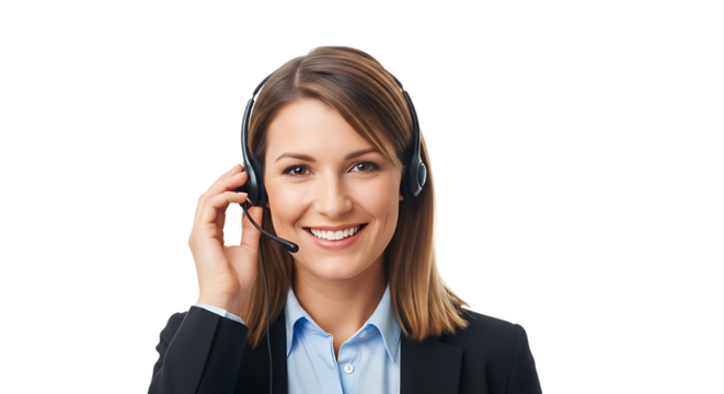 Friendly professional woman wearing headset, ready to provide expert customer service with a warm and engaging smile.