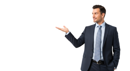 Professional businessman in a suit presents something with open palm and a smile, showcasing an item or opportunity.