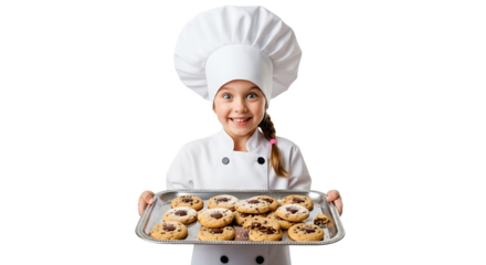 A young chef happily presents a tray of freshly baked cookies, showcasing her culinary skills and joyful expression.