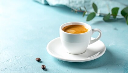Fototapeta premium Morning Coffee Still Life Cup of Espresso on Light Blue Surface with Coffee Beans