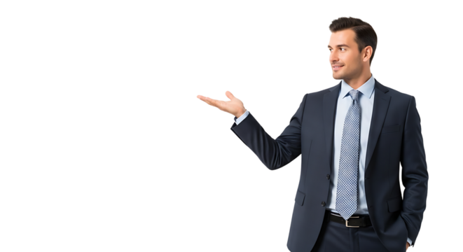 Professional businessman in a suit presents something with open palm and a smile, showcasing an item or opportunity. - Powered by Adobe