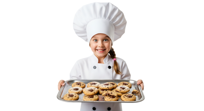 A young chef happily presents a tray of freshly baked cookies, showcasing her culinary skills and joyful expression.