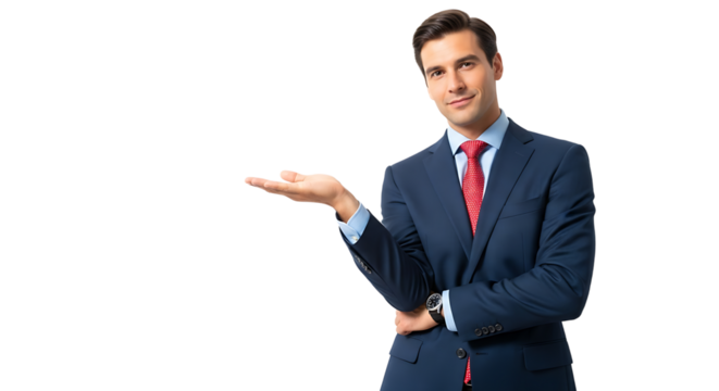 A successful man is extending his open hand, smiling, and dressed in professional navy blue suit, and red tie.
