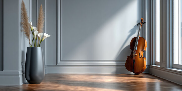 Elegant slender floor vase with white calla lilies and pampas grass beside wooden cello in sunlit modern room
