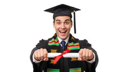 A young man is very excited after graduating. He wears a graduation gown and cap while holding his degree.