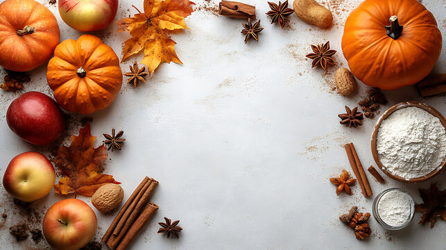 Autumn harvest ingredients for baking with pumpkins apples and spices on a rustic surface - Powered by Adobe