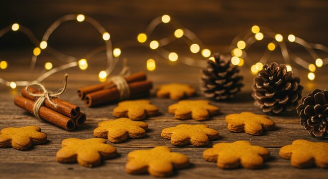 Gingerbread flower cookies with cinnamon sticks and pine cones on wooden table
