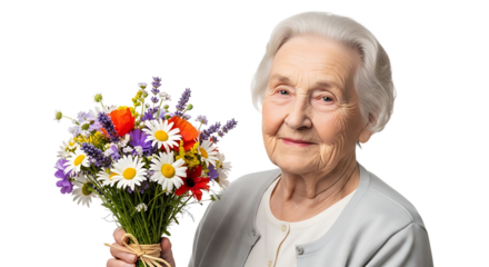 A beautiful elder woman holds a bouquet of vibrant wildflowers, her eyes sparkling with joy and a gentle smile.