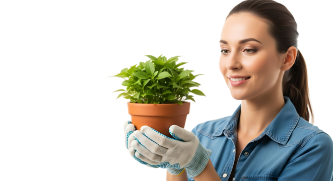 A smiling woman holding a potted plant, wearing gardening gloves, showcasing her green thumb and love for nature. - Powered by Adobe
