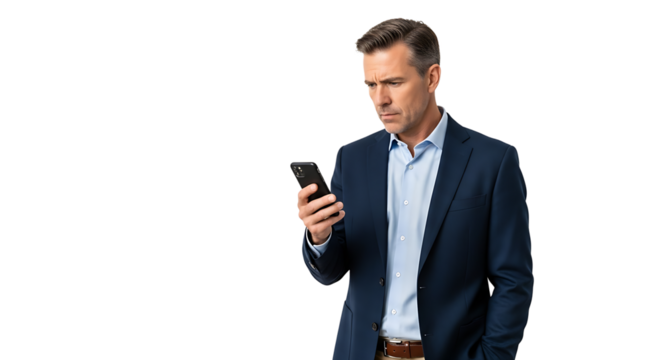 A mature man looking intently at his cellphone. He's wearing a blue suit and light blue shirt with a focused expression.