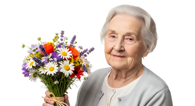 A beautiful elder woman holds a bouquet of vibrant wildflowers, her eyes sparkling with joy and a gentle smile.