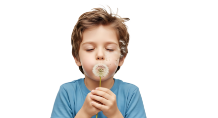 Boy with closed eyes blowing on a dandelion flower, seeds gently flying in the air. Childhood dreams and nature's beauty.