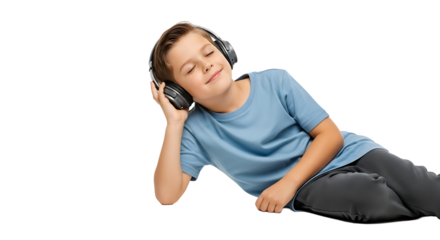 Boy enjoying music with wireless headphones, eyes closed, lying down, relaxed pose, lost in sound, pure bliss, young.