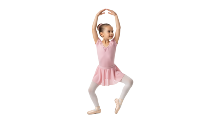 Little girl in pink leotard and skirt practices ballet with grace and poise against a clean backdrop, highlighting her form.