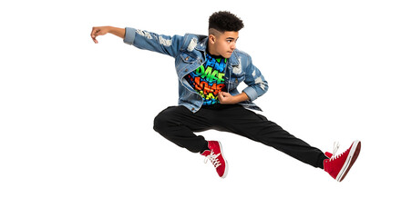 Obraz premium Energetic young man mid-air during a vibrant dance routine, showcasing his skillful movement and youthful exuberance.