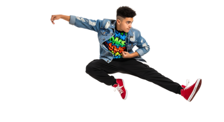 Energetic young man mid-air during a vibrant dance routine, showcasing his skillful movement and youthful exuberance.