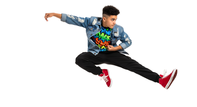 Energetic young man mid-air during a vibrant dance routine, showcasing his skillful movement and youthful exuberance.