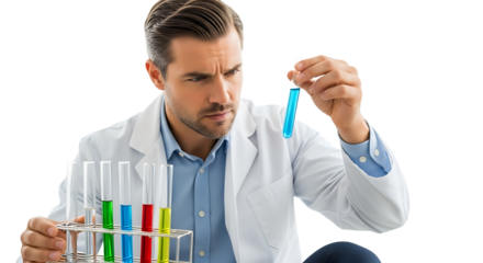 Focused scientist analyzes blue solution in test tube. Lab coat and test tubes give a professional research look.