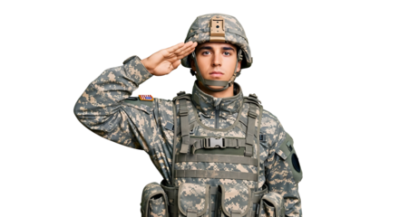 Stern soldier in camouflage fatigues, helmet, and tactical gear salutes with stoic face against dark backdrop in this medium shot.