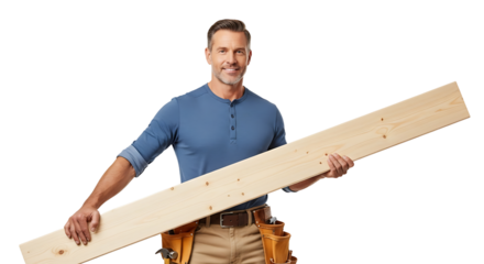 Professional carpenter holding a wooden plank with a tool belt is ready for woodworking projects and craftsmanship.