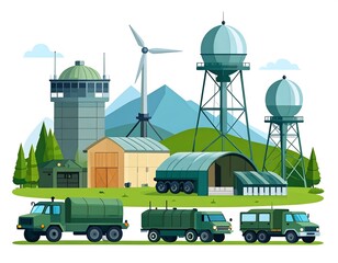 Military base illustration with vehicles, structures, and a wind turbine