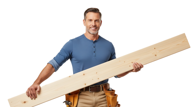 Professional carpenter holding a wooden plank with a tool belt is ready for woodworking projects and craftsmanship.