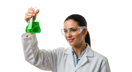 Woman in lab coat and glasses holds Erlenmeyer flask with green liquid, observing potential results. Science at work.