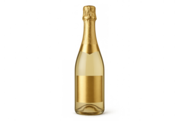 Champagne bottle with golden label and foil, celebrating success, luxury and sparkling wine for happy events