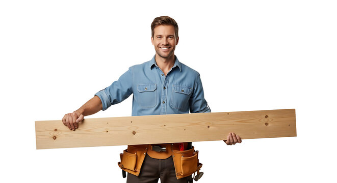 A confident carpenter, smiling, holds a wooden plank, ready for a home improvement project with all his tools.