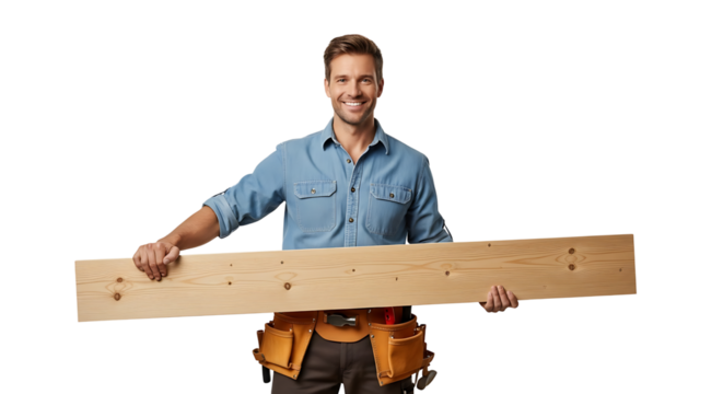 A confident carpenter, smiling, holds a wooden plank, ready for a home improvement project with all his tools. - Powered by Adobe