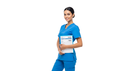 A friendly nurse with documents. She is in her blue scrub suit, she has a warm smile, ready to assist patients. 