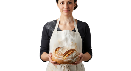 Woman in apron holding a freshly baked, steaming, golden-brown loaf of bread, smiling at the viewer with satisfaction.