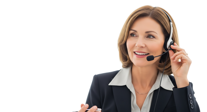 Professional woman in a suit, wearing a headset and smiling, likely providing customer support or communication.