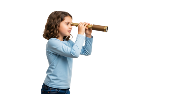 A young girl gazes through a telescope, her eyes filled with curiosity, imagining adventures and distant worlds to explore.