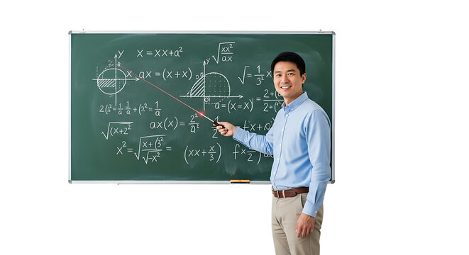 Smiling instructor uses a laser pointer to point out equations written on a green chalkboard during a math lesson.