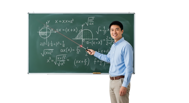 Smiling instructor uses a laser pointer to point out equations written on a green chalkboard during a math lesson. - Powered by Adobe