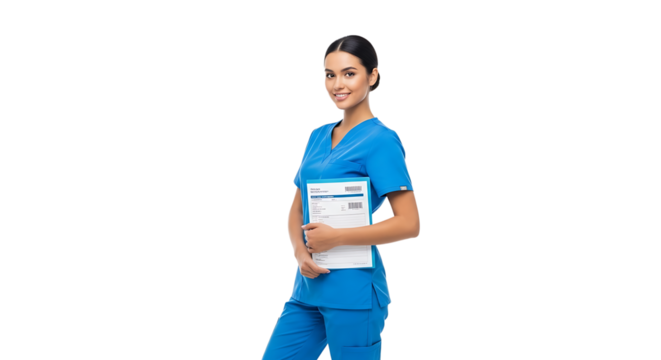 A friendly nurse with documents. She is in her blue scrub suit, she has a warm smile, ready to assist patients. 