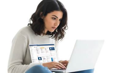 Focused young professional works diligently on her computer, tackling a project with unwavering determination and skill.