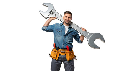 Smiling man with tool belt carrying a massive wrench over his shoulder, ready for repairs and industrial tasks.