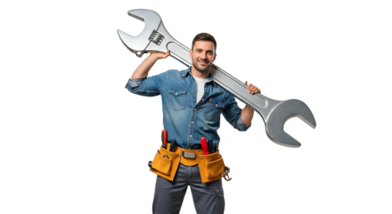 Smiling man with tool belt carrying a massive wrench over his shoulder, ready for repairs and industrial tasks.