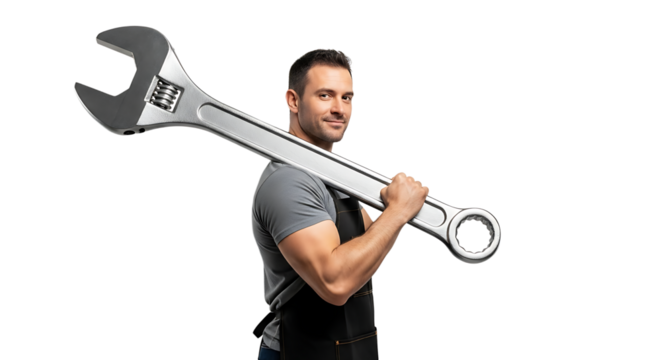 Confident handyman with a giant adjustable wrench on shoulder, standing against a plain dark backdrop in his work apron.
