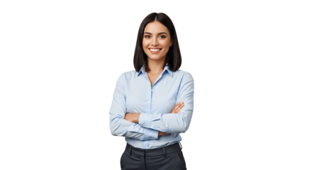 A smiling, confident businesswoman stands with her arms crossed, radiating professionalism and success in the workplace.