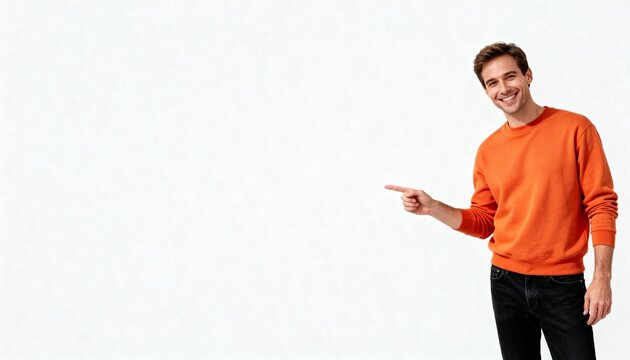 A smiling handsome man in an orange sweater pointing his finger to the side at an empty white background with copy space.