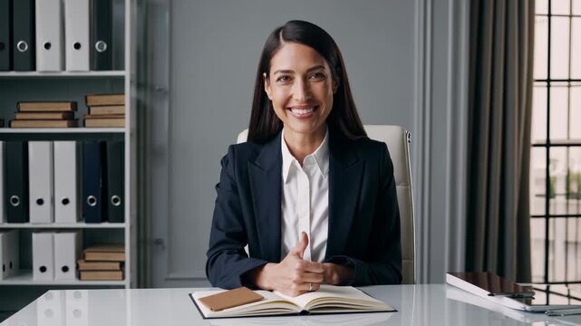 Woman gives thumbsup at desk. Businesswoman smile shows professional poise. Office meeting setting with open notebook. Corporate tone with confident expression. Friendly smile conveys approachability.
