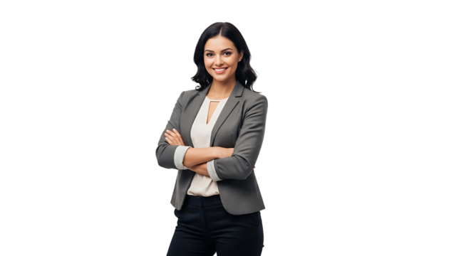 Confident businesswoman in a stylish gray suit, radiating professionalism with a warm smile, arms crossed on black backdrop.