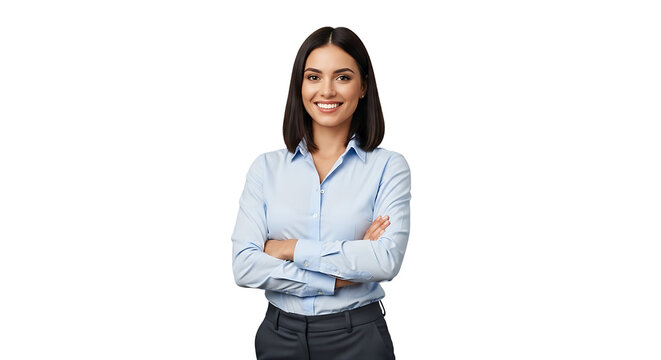 A smiling, confident businesswoman stands with her arms crossed, radiating professionalism and success in the workplace.
