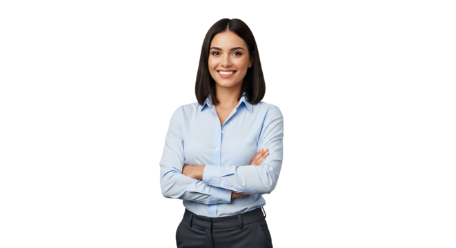 A smiling, confident businesswoman stands with her arms crossed, radiating professionalism and success in the workplace. - Powered by Adobe