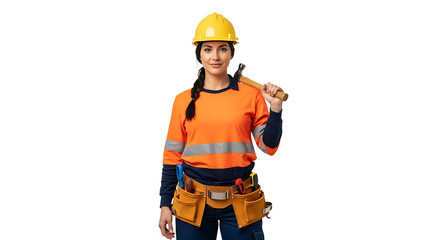 Fototapeta premium A skilled woman with a hammer showcases construction expertise and strength in her vibrant safety attire, ensuring job site safety.