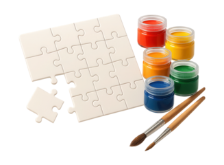 DIY puzzle kits with blank pieces, paints, and brushes for custom creations at home.